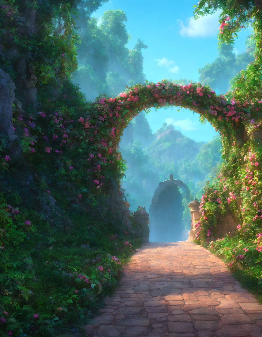 Tranquil cobblestone pathway through flower-covered archway in misty forest