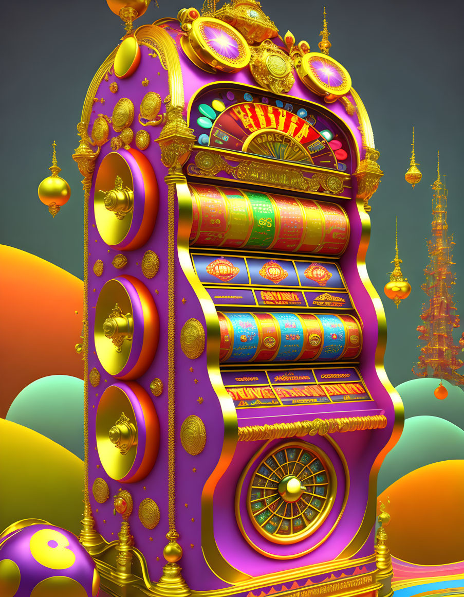 Colorful Golden Slot Machine with Whimsical Background