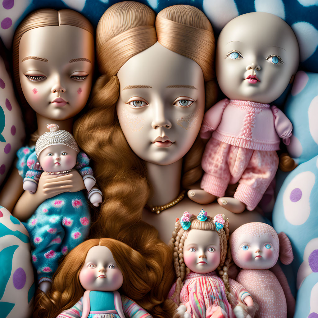 Collection of porcelain dolls with diverse hairstyles and outfits showcasing intricate details.