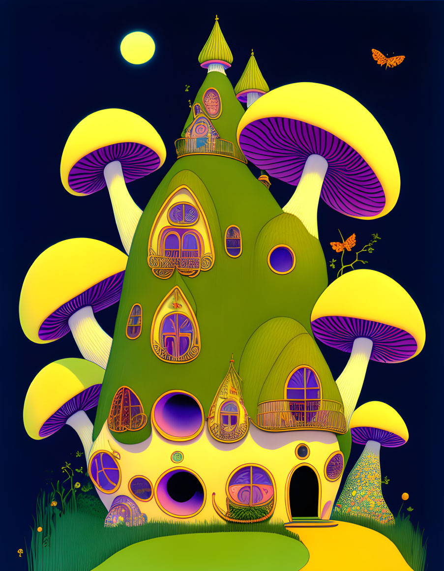 Colorful Mushroom-Shaped House Illustration with Glowing Windows and Butterflies