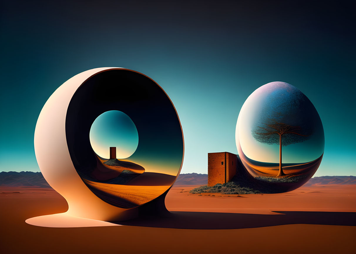 Abstract Circular Structure and Reflective Egg in Surreal Desert Landscape