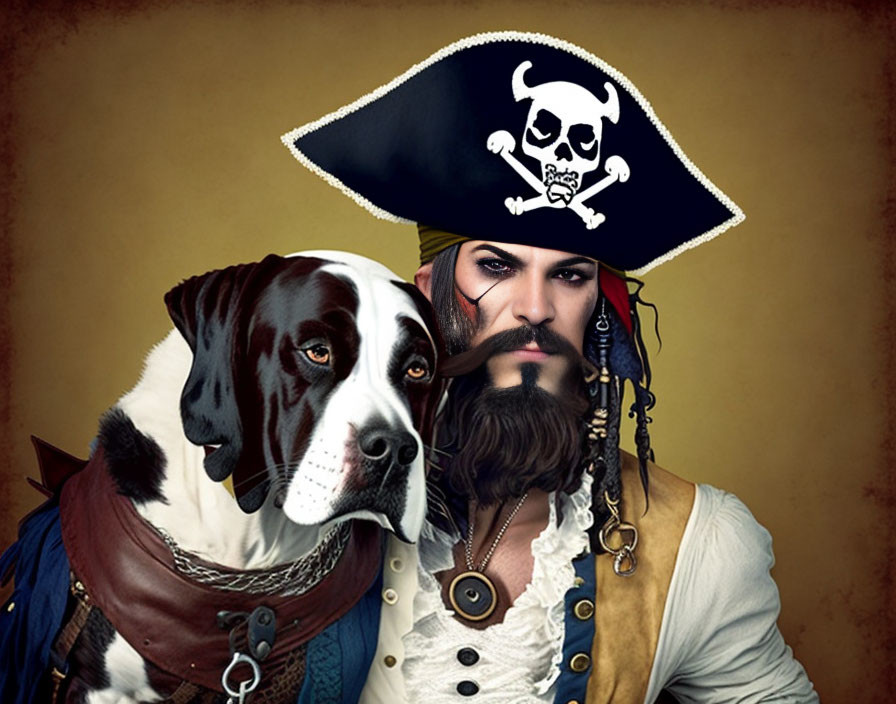 Man and dog in pirate costumes against golden backdrop