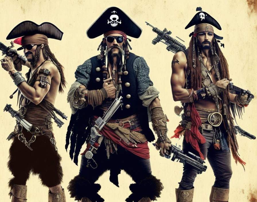 Costumed Pirates on Vintage Background with Weapons