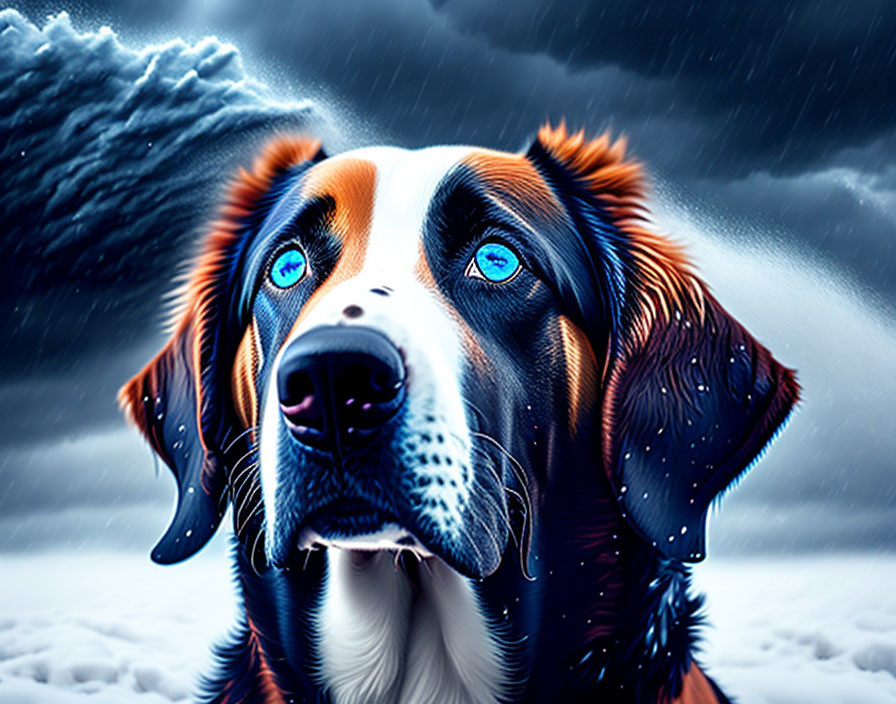 Bernese Mountain Dog with blue eyes in snowy landscape