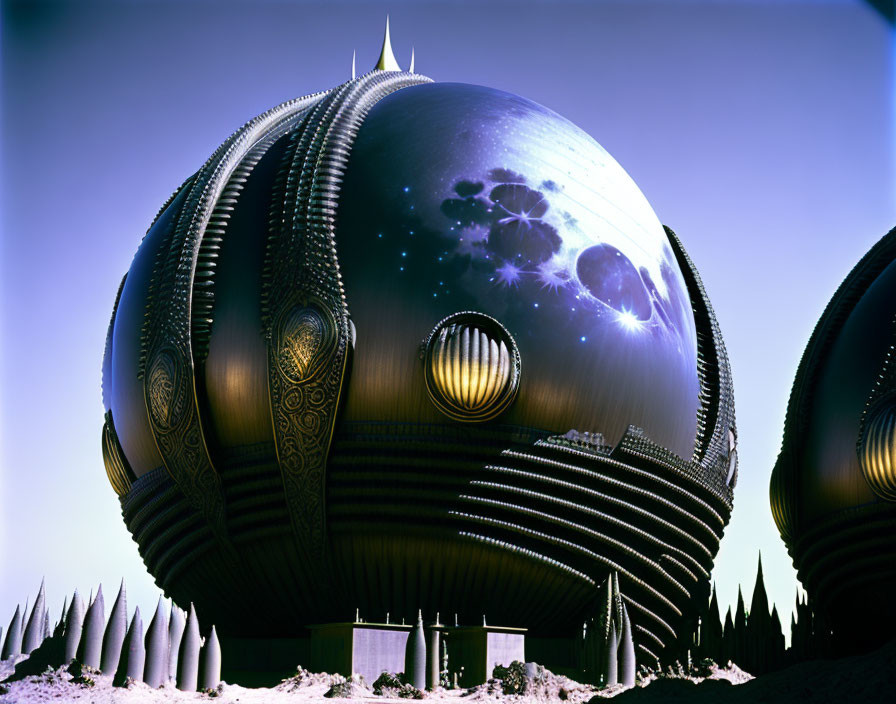 Intricate patterned futuristic sphere in alien landscape