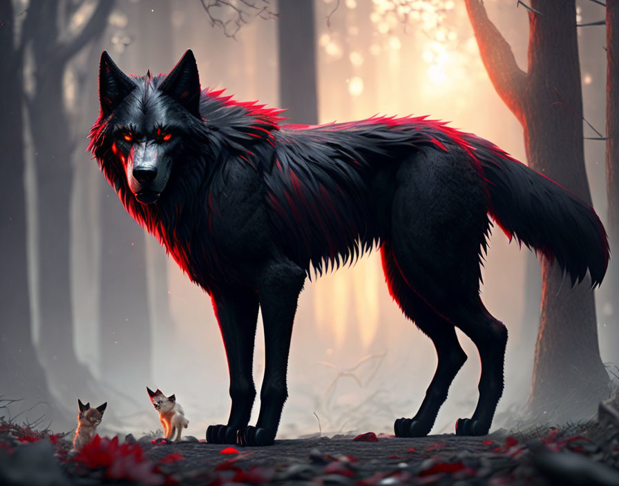 Mythical black wolf with red eyes in misty forest