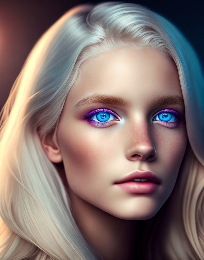 Detailed digital illustration of a person with blue eyes, pink eyeshadow, and white hair