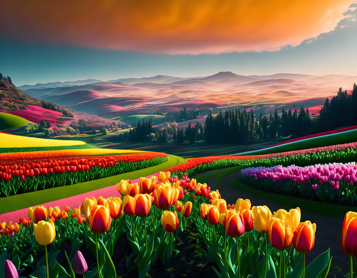 Colorful Striped Tulip Fields and Rolling Hills at Sunset