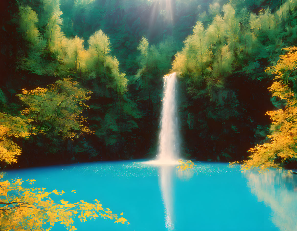 Tranquil waterfall in autumn setting with turquoise pool