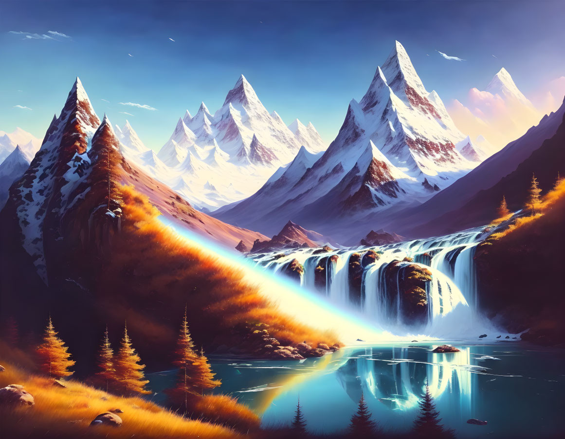 Tranquil waterfall in autumn landscape with snow-capped mountains