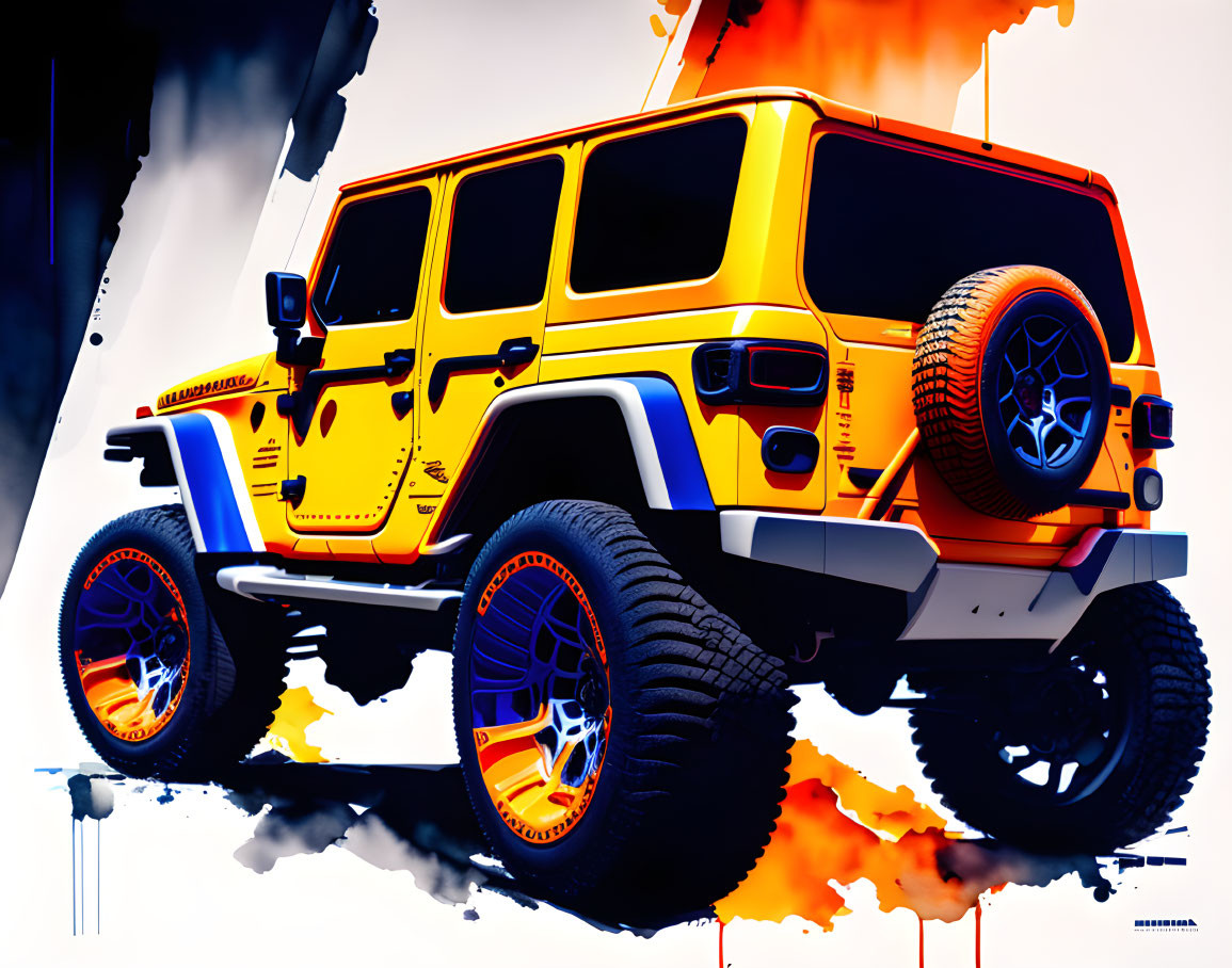 Colorful Yellow and Orange Jeep Artwork with Abstract Background