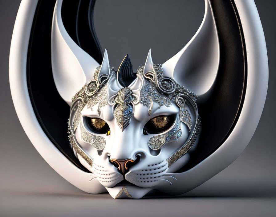 Metallic Cat Mask with Filigree, Black & White Color Scheme, Yellow Eye on Circular Back
