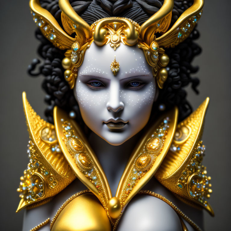Stylized digital artwork of pale-skinned female with golden headdress