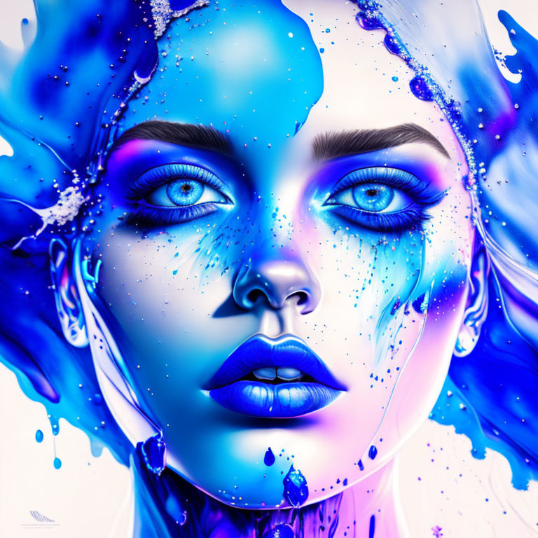 Digital artwork of woman with blue paint effects and deep blue eyes on white background