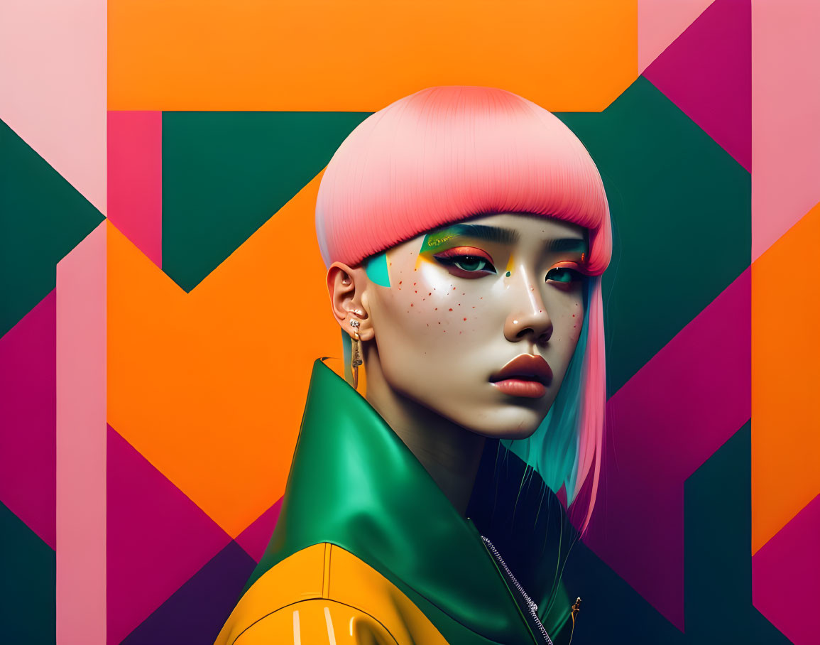 Colorful makeup and pink hair on person with green jacket in vibrant geometric setting
