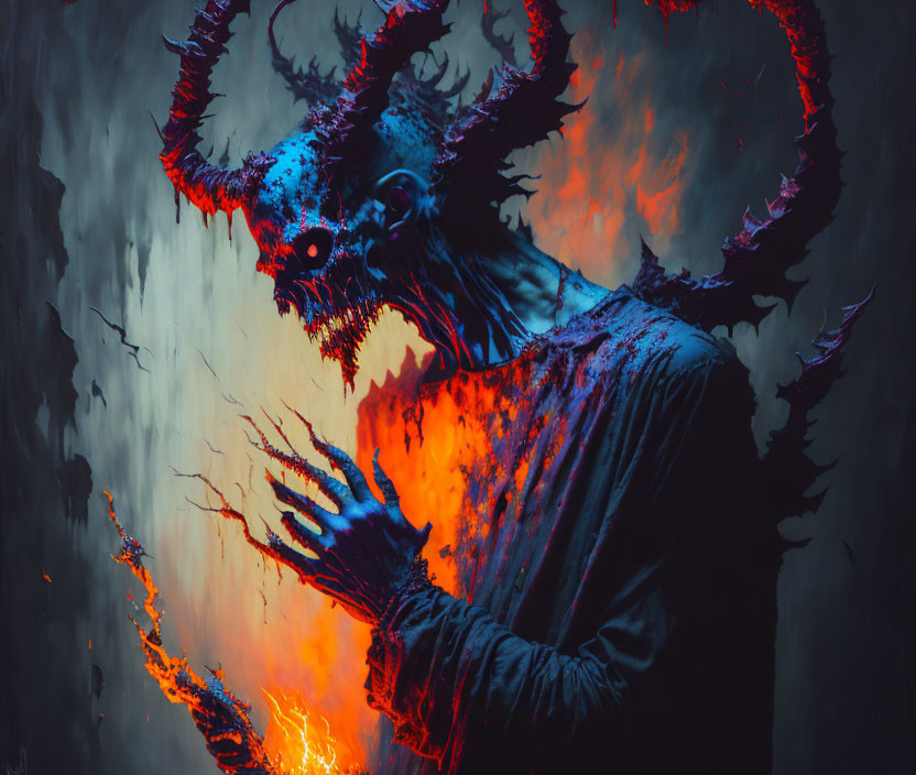 Dark background with skull and horned figure conjuring fire