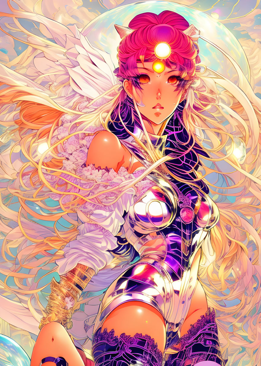 Fantasy character with angelic wings and ornate armor in vibrant illustration