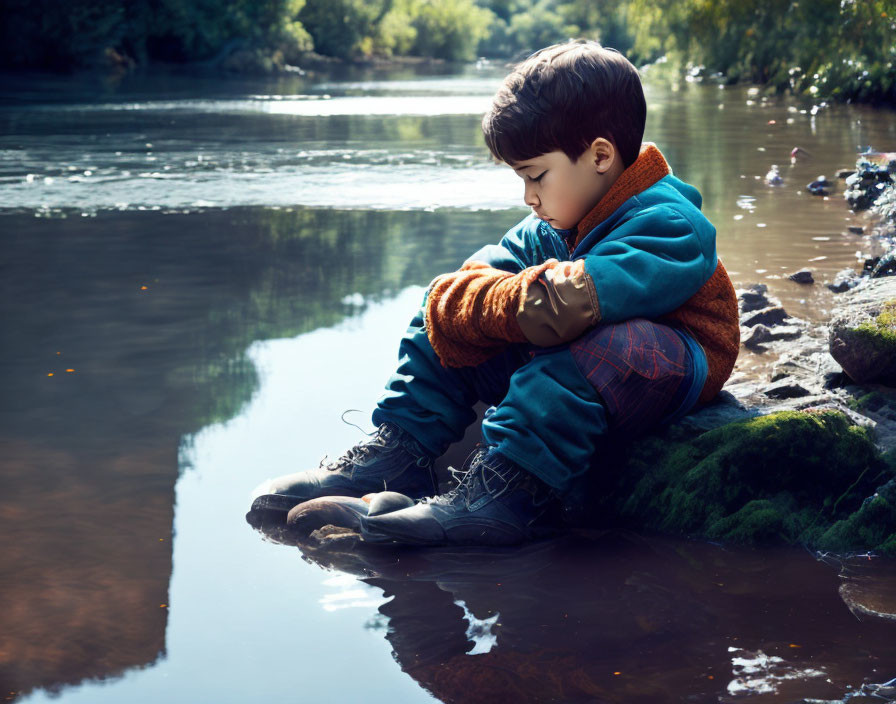 Child in Blue Jacket Sitting by Calm River with Reflection of Trees