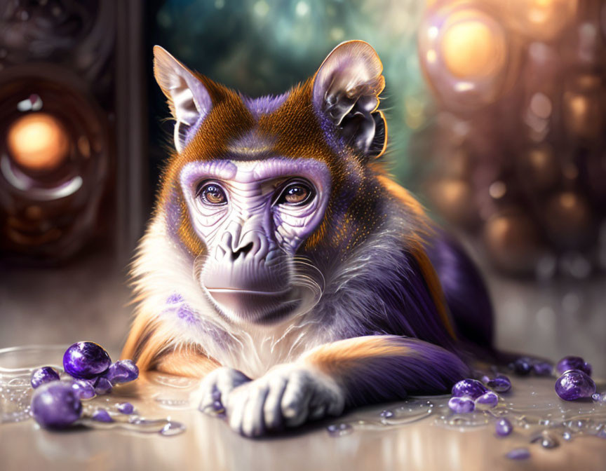 Colorful Monkey Resting Chin on Table with Purple Gems on Bokeh Background