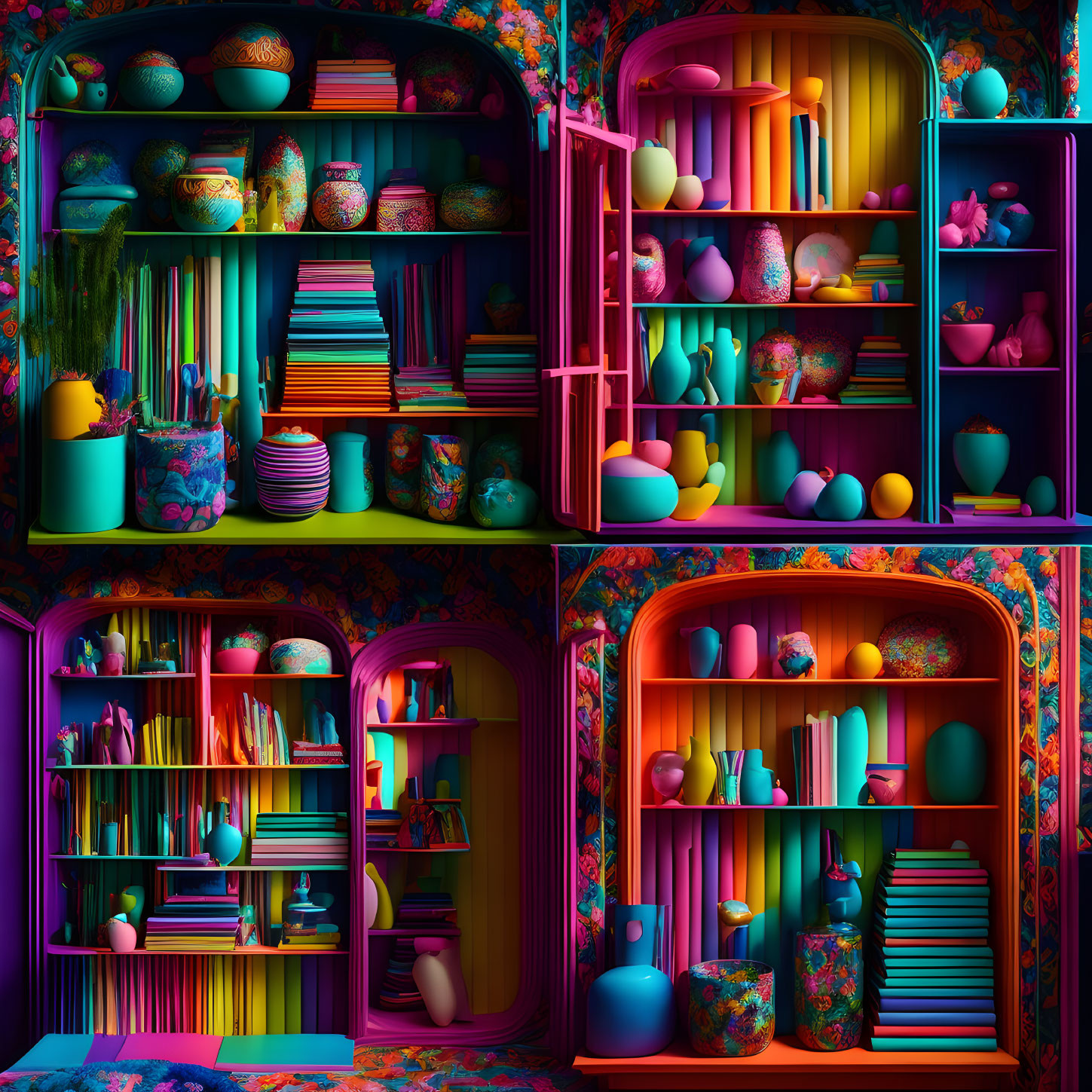 Colorful Bookshelves with Books, Vases, and Decorative Items on Patterned Wallpaper