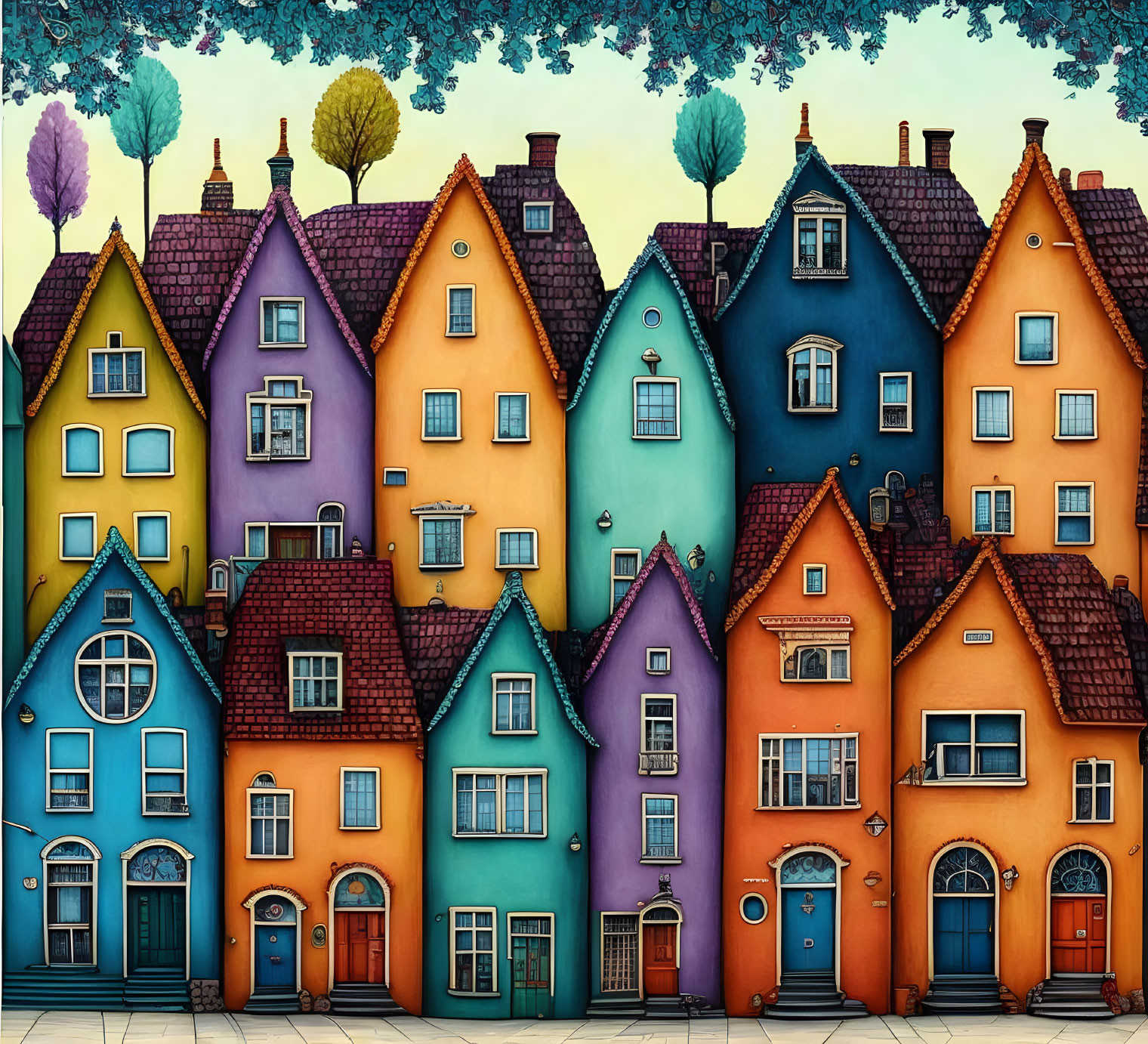 Whimsical Cartoon Houses and Autumn Trees Scene