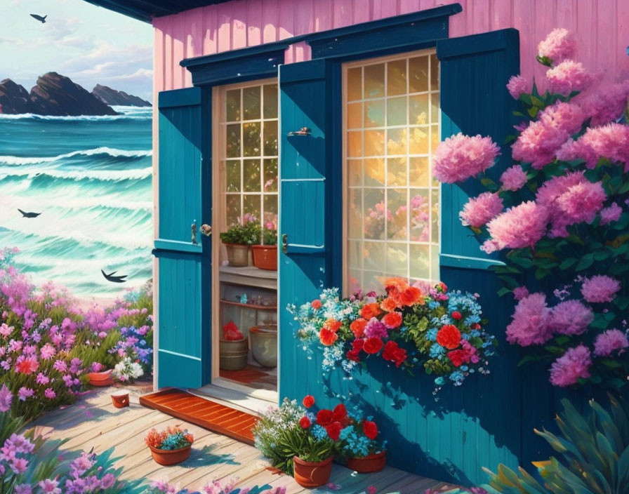 Colorful Beach House with Pink Wall and Blue Door by Scenic Ocean