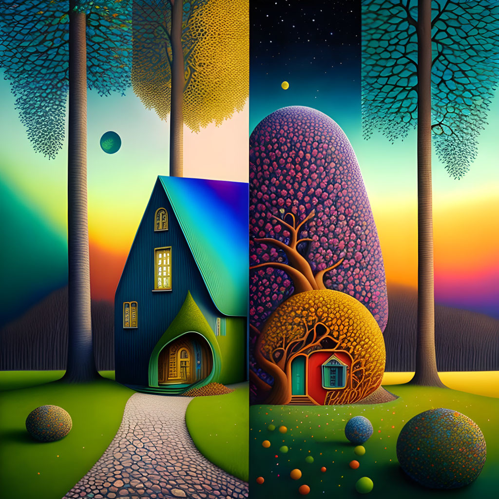 Surreal landscape images with whimsical houses and colorful gradients