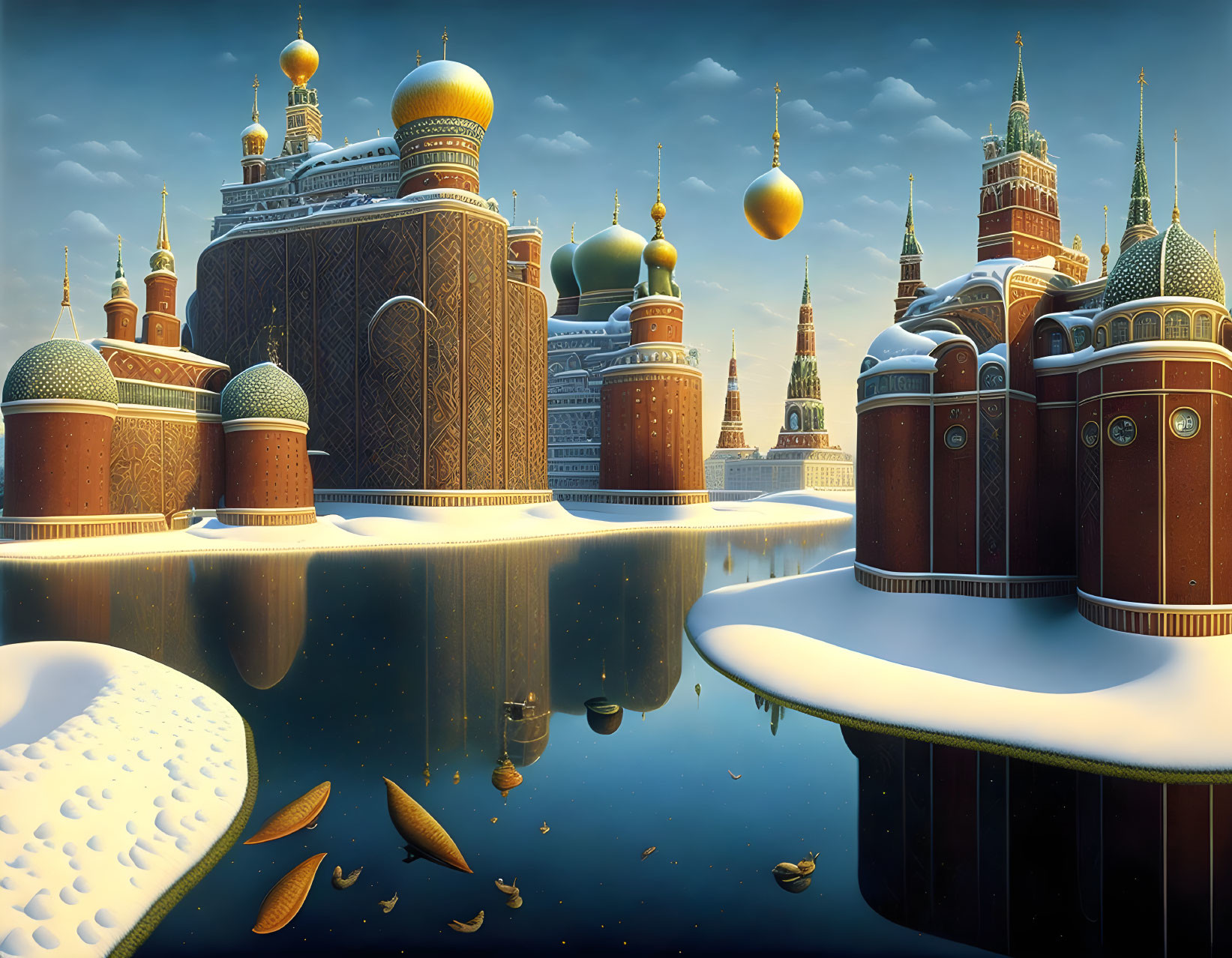 Russian architecture meets surreal elements in winter cityscape.