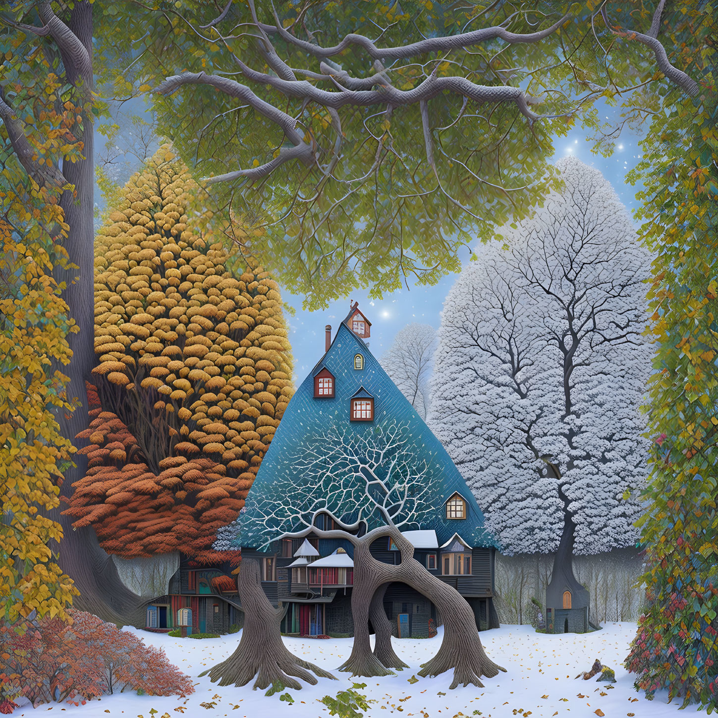 Illustration of seasonal forest scene with cozy house