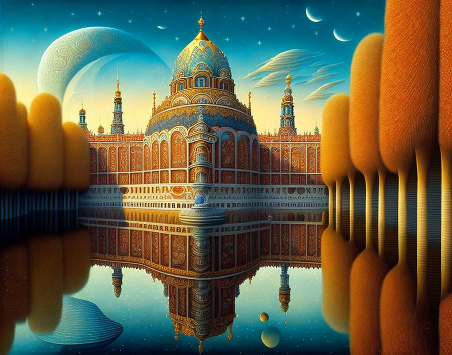 Elaborate Fantasy Building Reflects in Water Amid Surreal Twilight Scene