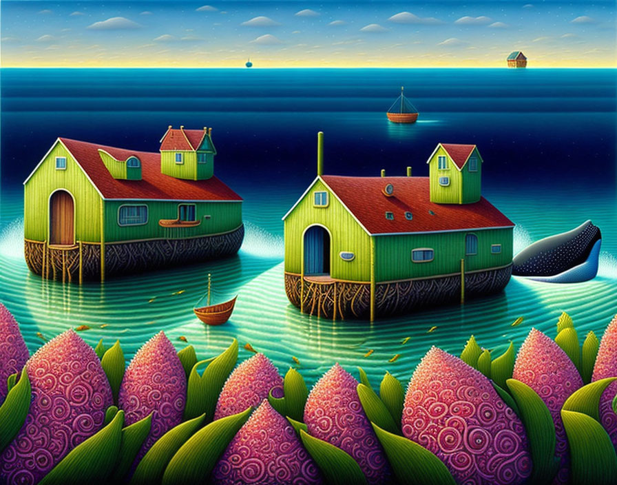 Colorful Floating Houses Over Serene Sea with Starlit Sky