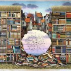 Circular opening in surreal library surrounded by cliff-like bookshelves, sky with clouds, birds, and