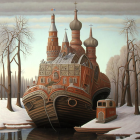 Detailed Illustration: Fantastical Castle with Onion Domes in Snowy Landscape