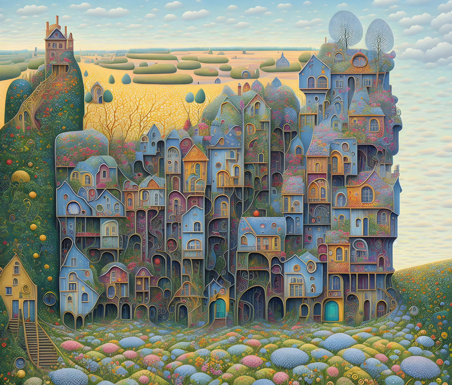 Detailed Whimsical Artwork of Fantastical Village with Unique Buildings