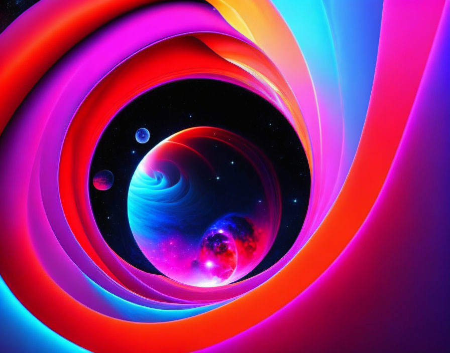 Colorful Digital Art: Luminous Spiral with Celestial Space Scene