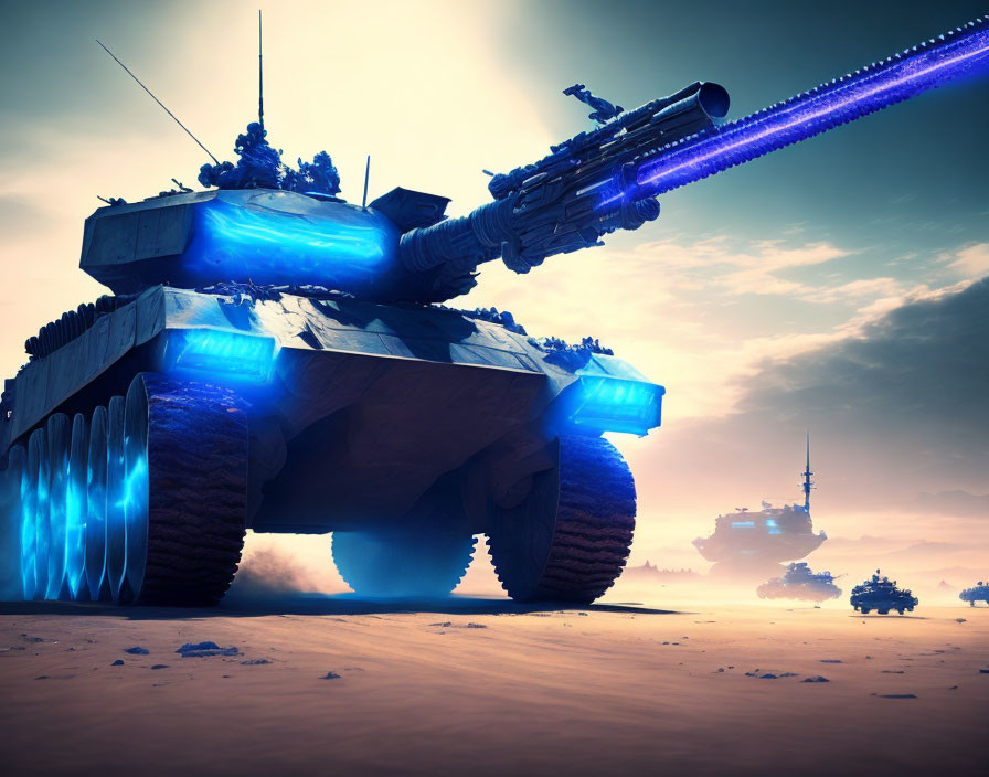 Futuristic Hover Tanks with Blue Energy Beams in Desert Battlefield