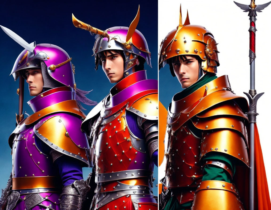 Vibrant medieval armor in purple and green-orange on blue background