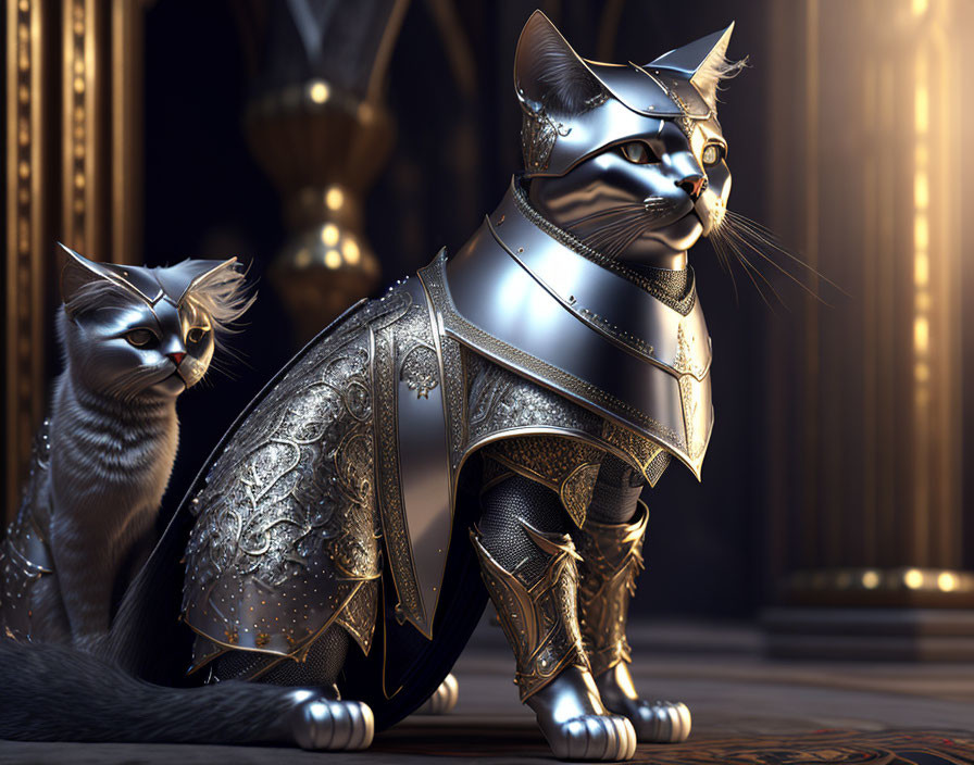 Regal cats in medieval armor display noble demeanor