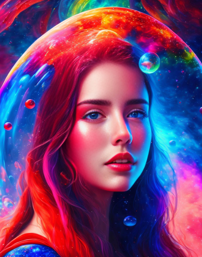 Vibrant rainbow hair woman with bubble-like halo in cosmic scene