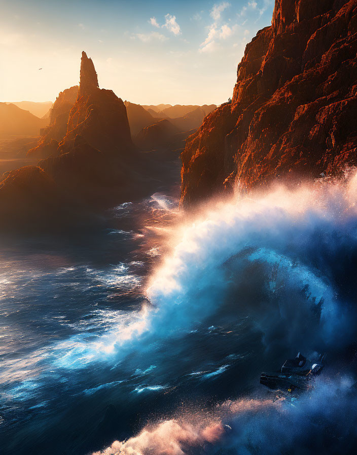 Ocean wave crashing against rocks at sunset with warm hues and lone bird in the sky