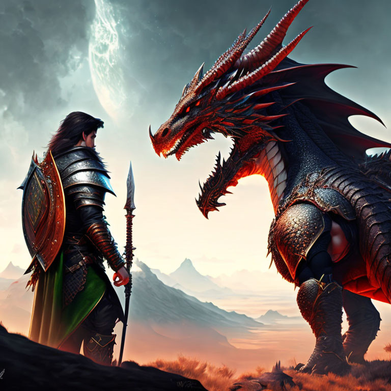 Armored knight confronts red dragon under twilight sky