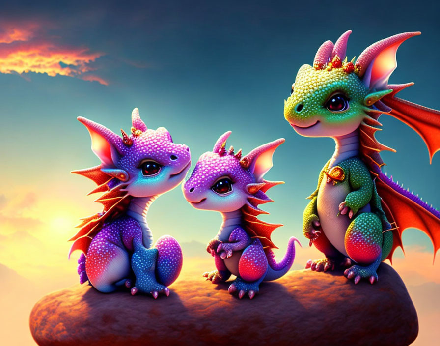 Vibrant Sunset Background with Colorful Animated Dragons