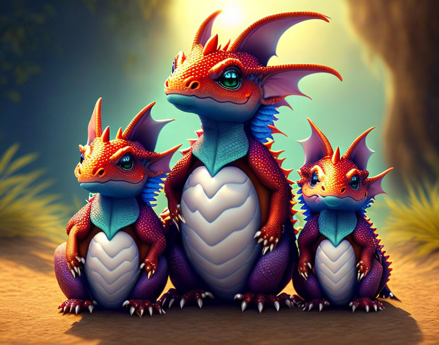 Three stylized dragons with colorful scales, horns, and big eyes on warm, blurred background.