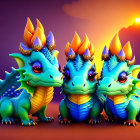 Three Baby Dragons with Blue Scales and Crowns in Purple Sunset Sky