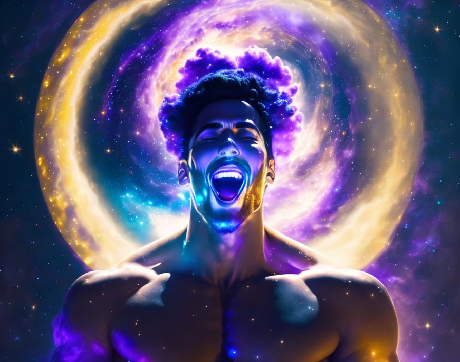 Ecstatic man surrounded by vibrant cosmic aura and joyful energy