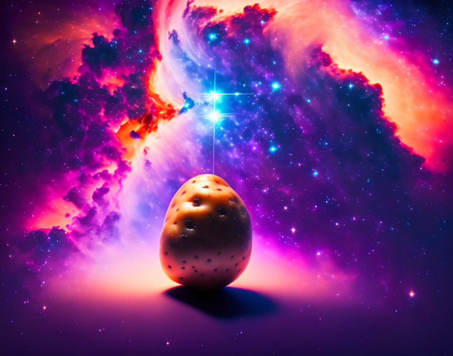 Speckled egg in cosmic scene with vibrant nebulae and celestial body