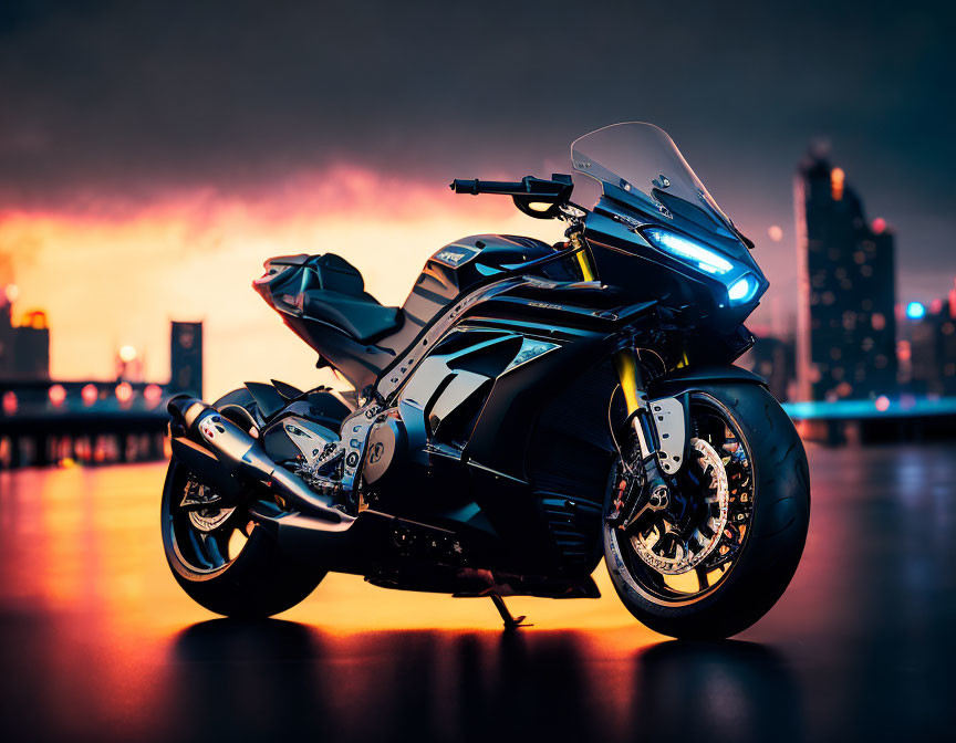 Futuristic Superbike, dark theme, wet, city.