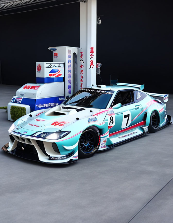 Race car with white, blue, teal livery and number 7 parked in garage with Japanese signage