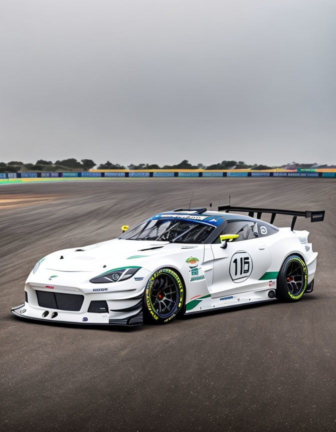 White Aston Martin Racing Car with Number 115 and Green Accents on Race Track