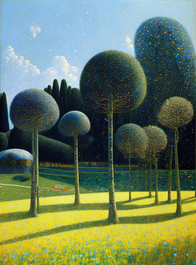 Whimsical painting of stylized trees with star-like canopies in a field of yellow flowers